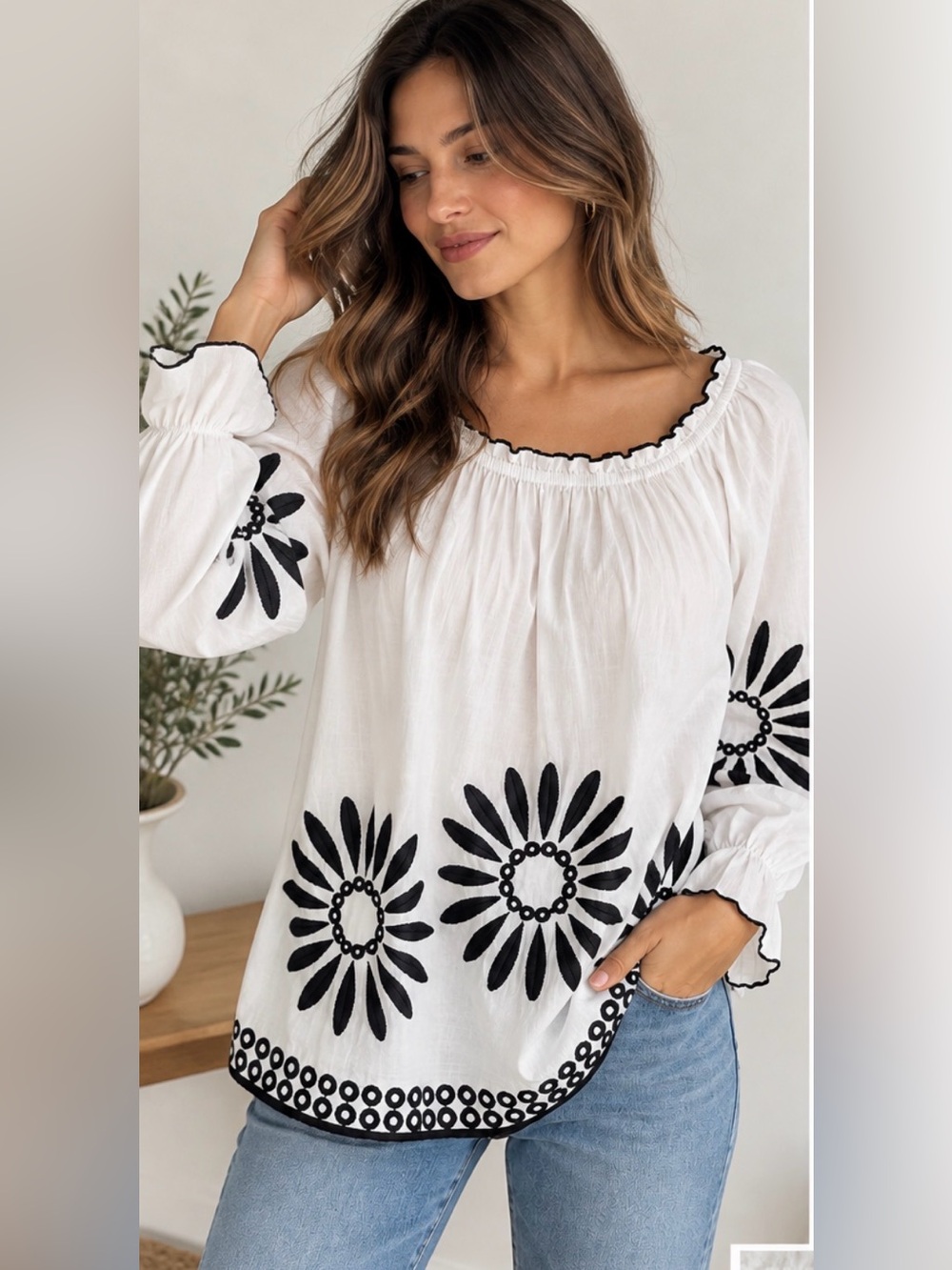 Cato White Black Floral Embroidered Peasant Blouse Size M 100% Cotton Boho